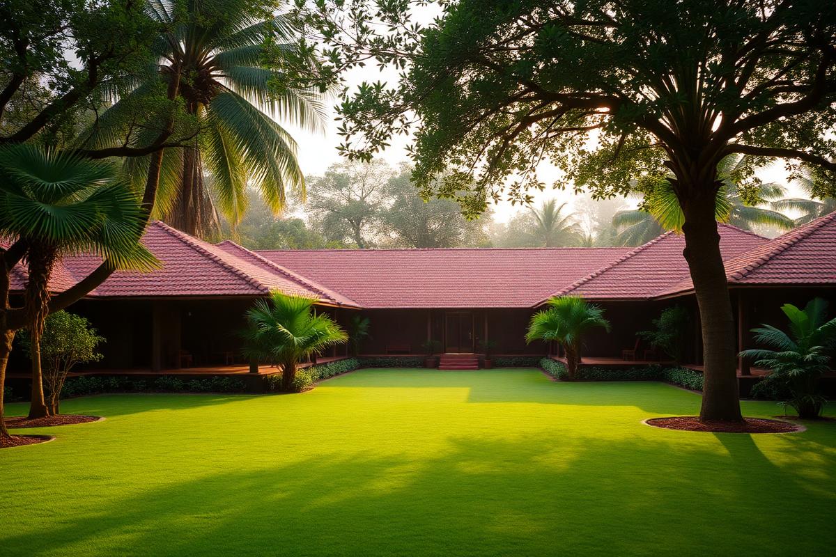 Garden lawn and cottages at Sariska Gulmohar Resort near Sariska Tiger Reserve