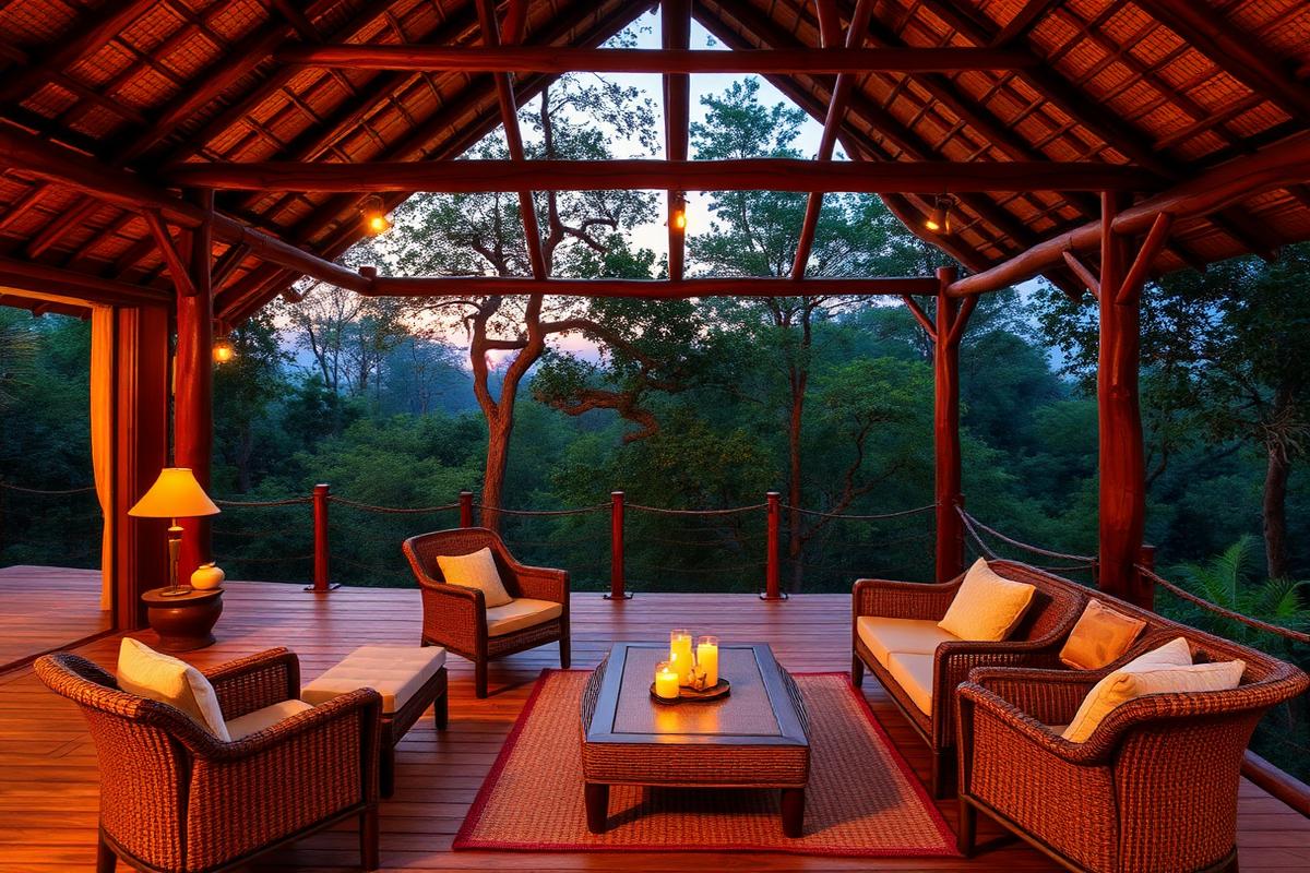 Open verandah with cane seating overlooking the jungle at Sariska Tiger Heaven