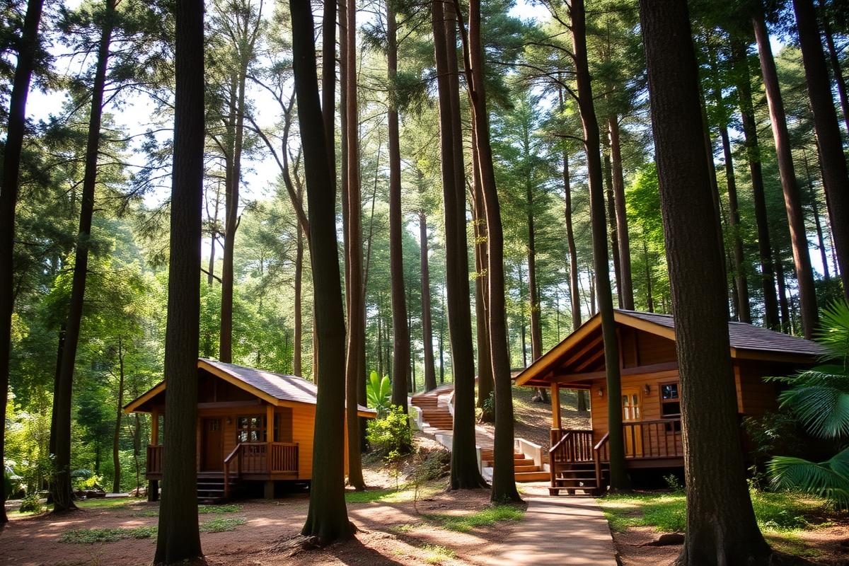 Wooden cottages among tall trees at Sariska Tree and Tiger resort