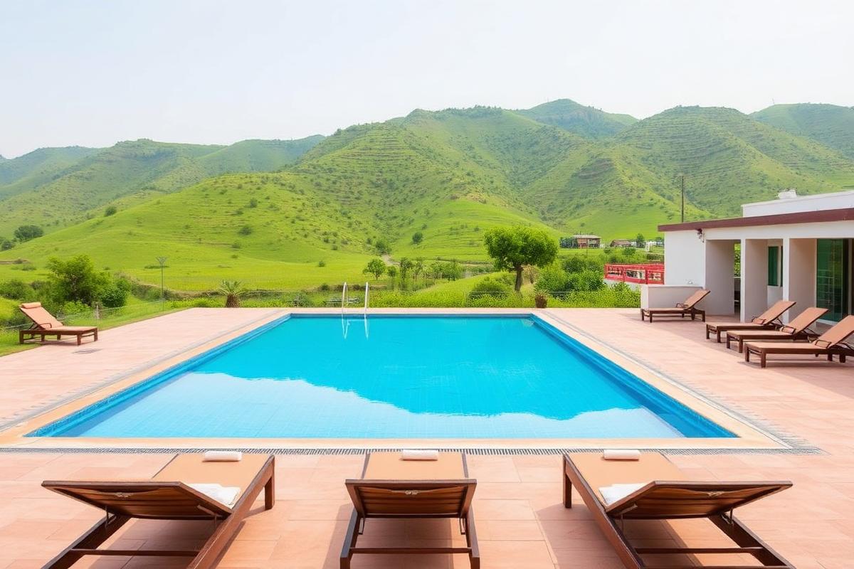 Outdoor swimming pool with Aravalli hills behind Spree Resort Sariska