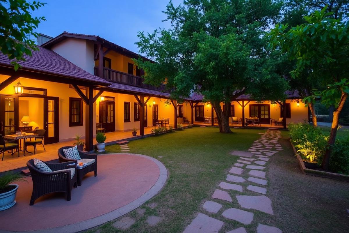 Evening courtyard seating and lit verandah at Virat Resorts Sariska