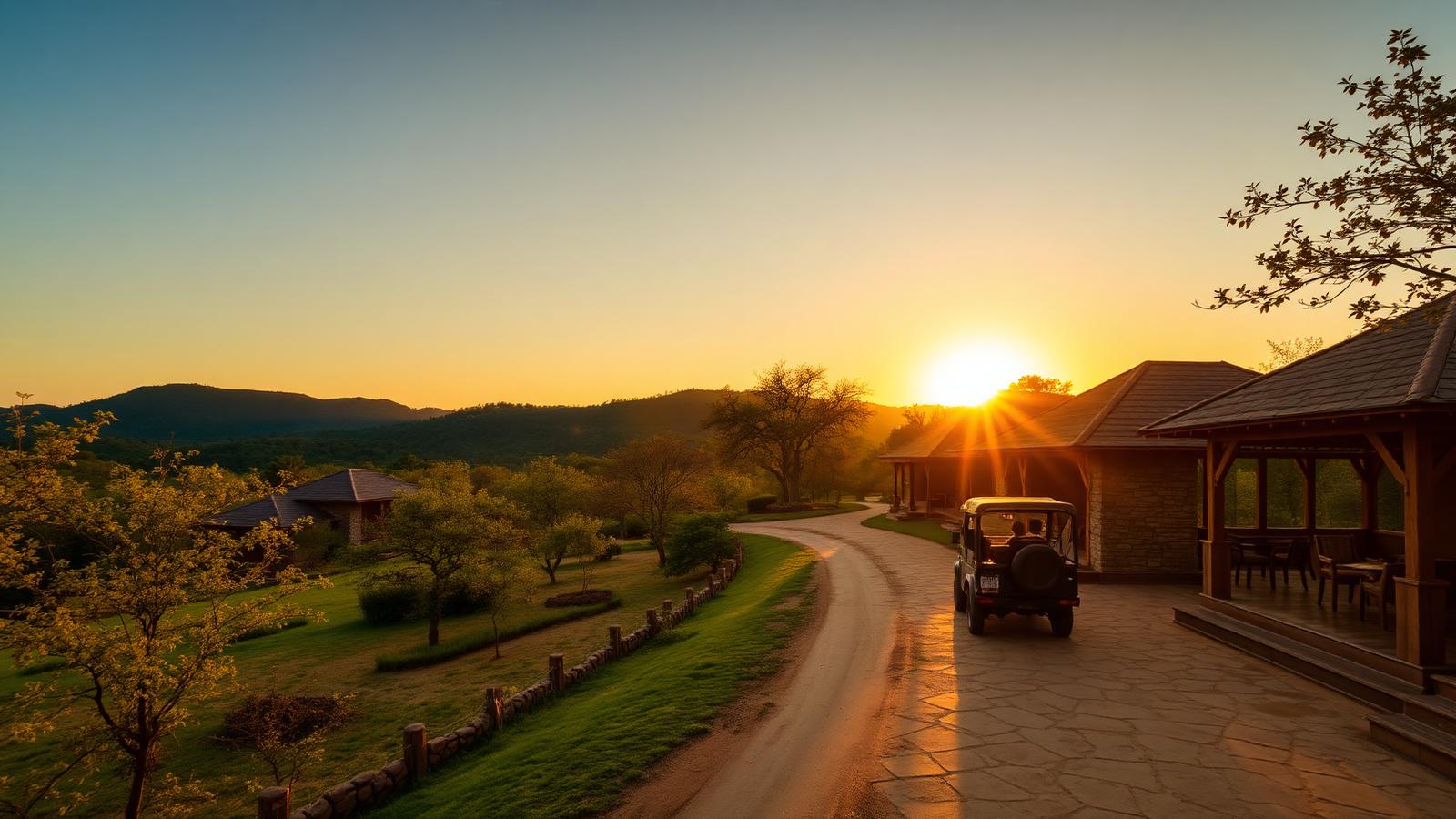 Resort cottages and Aravalli hills at sunset near Sariska Tiger Reserve